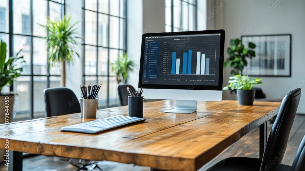 Modern workspace with computer and plants, showcasing data analysis.