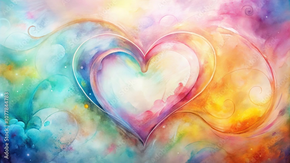 Fototapeta premium A celestial watercolor heart with swirling vibrant hues, resembling a cosmic dream.