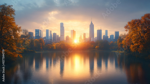 A serene sunset illuminates a city skyline, reflected in a tranquil lake surrounded by vibrant foliage.