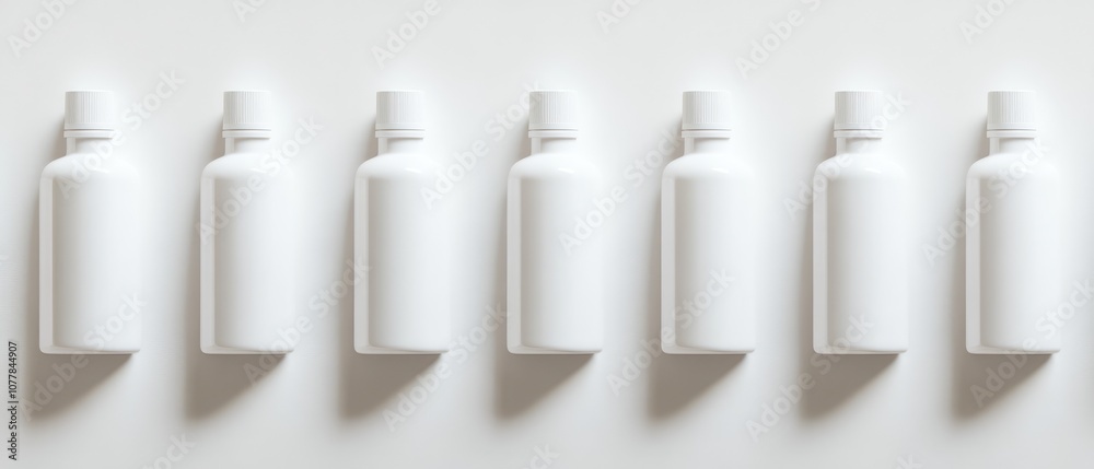 Seven White Plastic Bottles in a Row on a White Surface Seven White Plastic Bottles in a Row on a White Surface