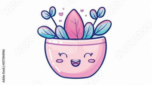 Cute Pink Pot with Smiling Face and Green Plants Illustration