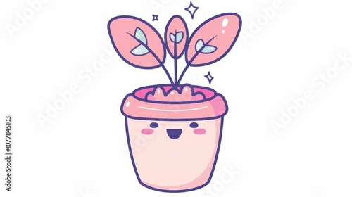 Cute Pink Potted Plant Cartoon Illustration with Smiling Face and Shiny Leaves