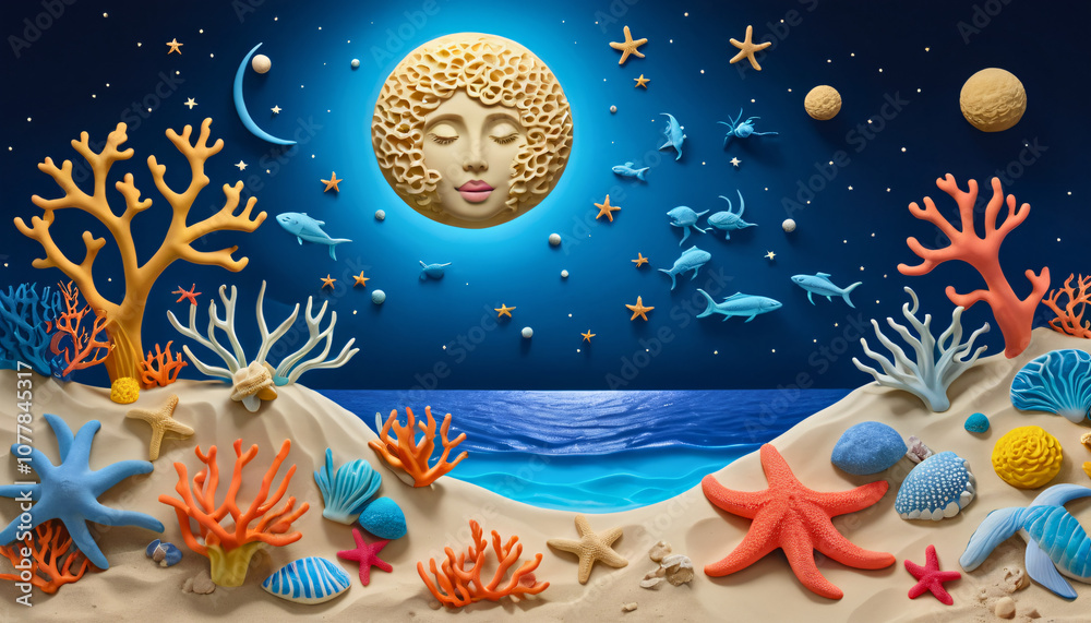 Fototapeta premium Under a bright moon, colorful coral formations and playful dolphins create a lively underwater scene at night