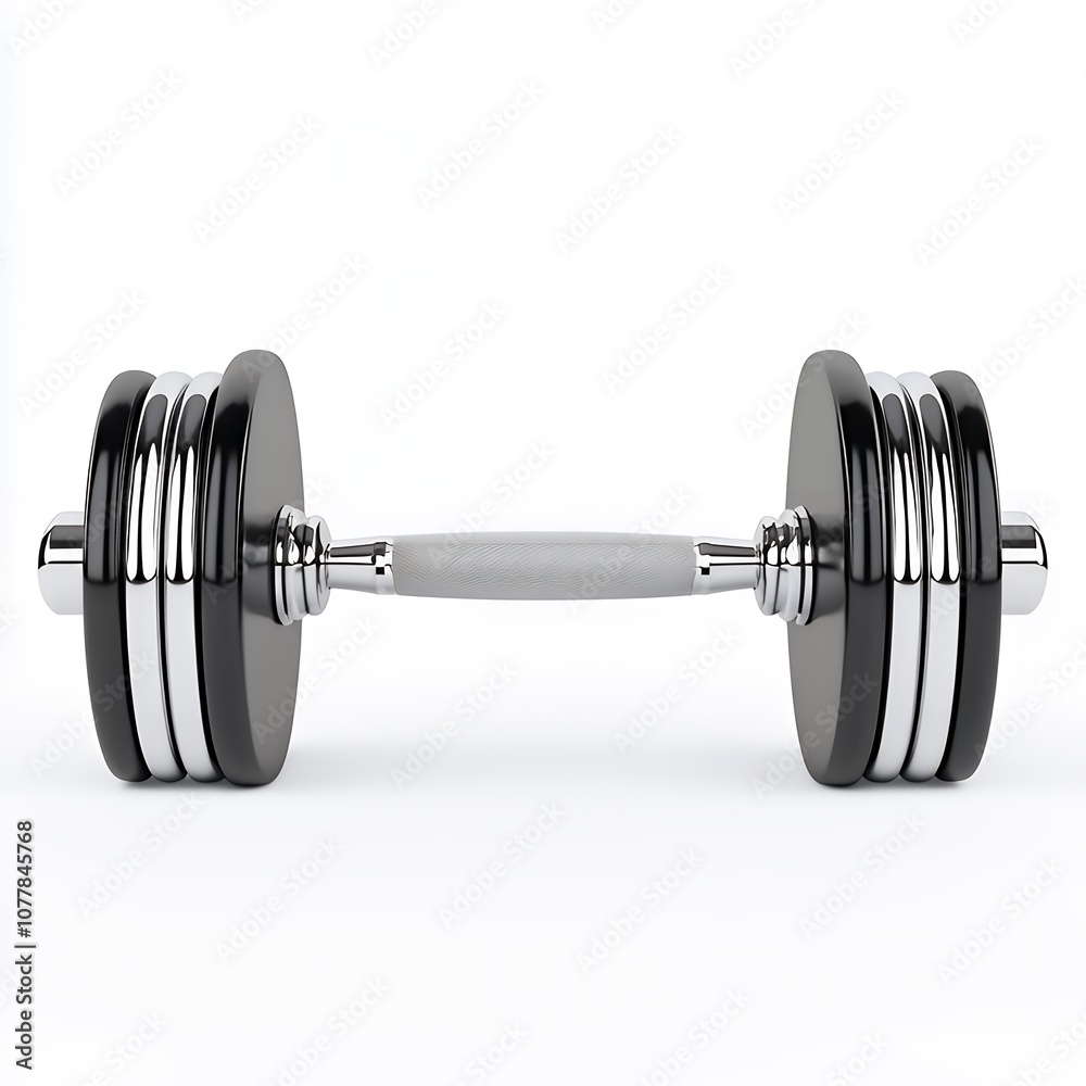 A black dumbbell with a silver handle isolated on a white background. A black dumbbell with a silver handle isolated on a white background.
