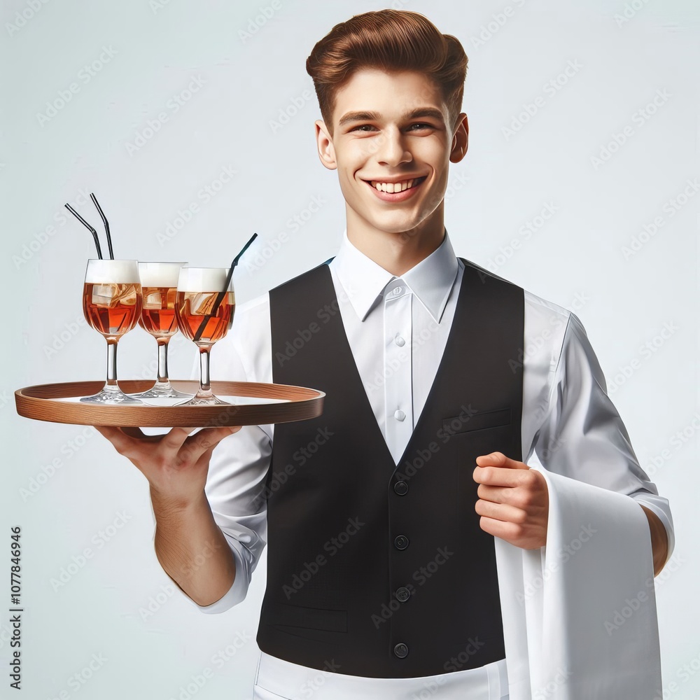 Waiter Holding a Tray A courteous waiter balances a tray of drin Waiter Holding a Tray A courteous waiter balances a tray of drin