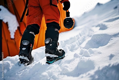 walking on snow using specialized footwear that distributes weig photo