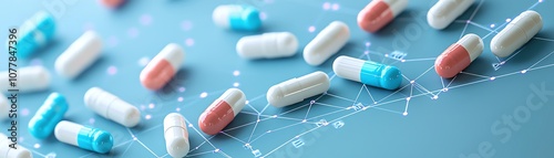 Colorful capsules scattered on a blue background, intersected by digital lines, suggesting a connection to healthcare or pharmaceuticals.