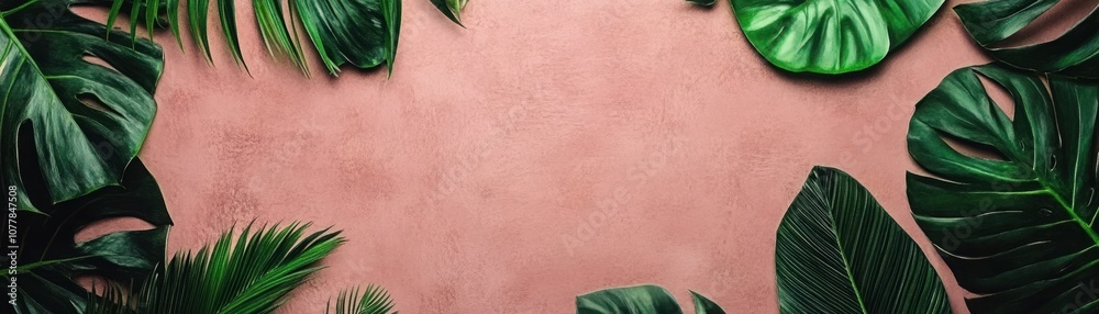 Vibrant Green Tropical Leaves Bordering a Soft Pink Background Ideal for Nature-Themed Designs, Invitations, and Eco-Friendly Marketing Materials Vibrant Green Tropical Leaves Bordering a Soft Pink Background Ideal for Nature-Themed Designs, Invitations, and Eco-Friendly Marketing Materials