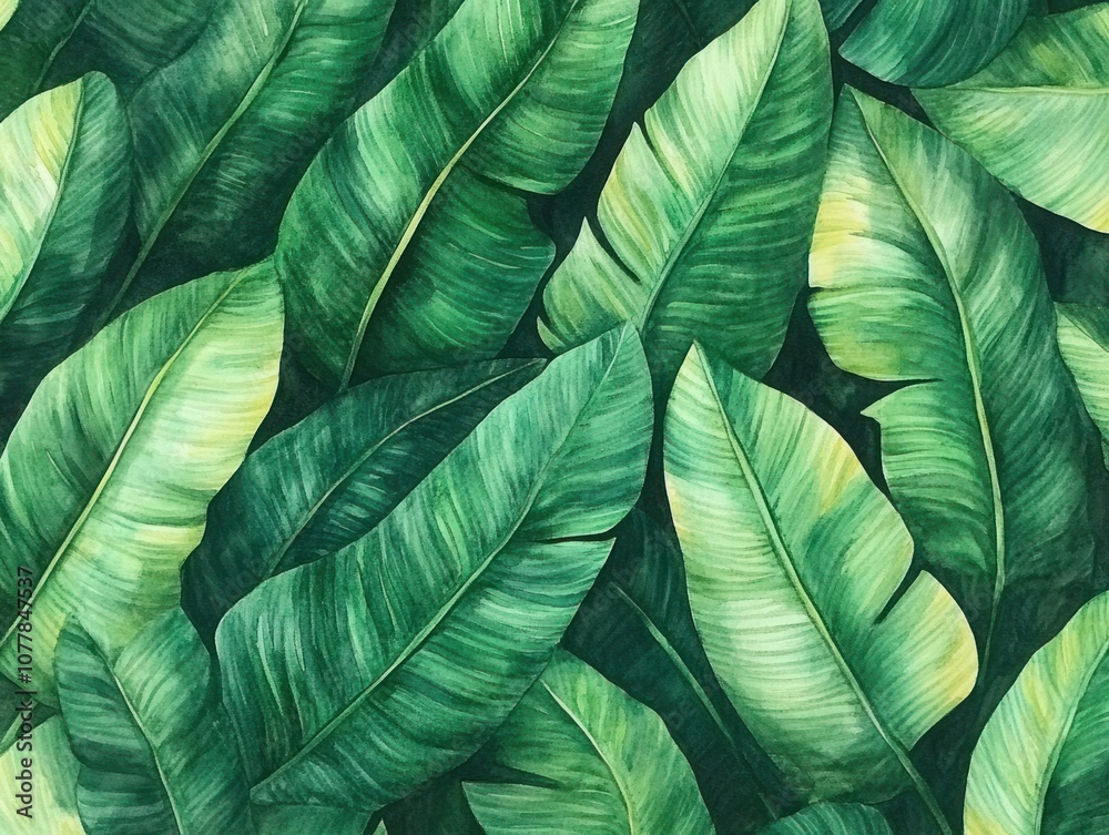 Obraz premium Lush Green Tropical Leaves Texture Providing a Stunning Natural Background for Design, Decor, and Artistic Projects Encompassing Various Shades of Green Freshness
