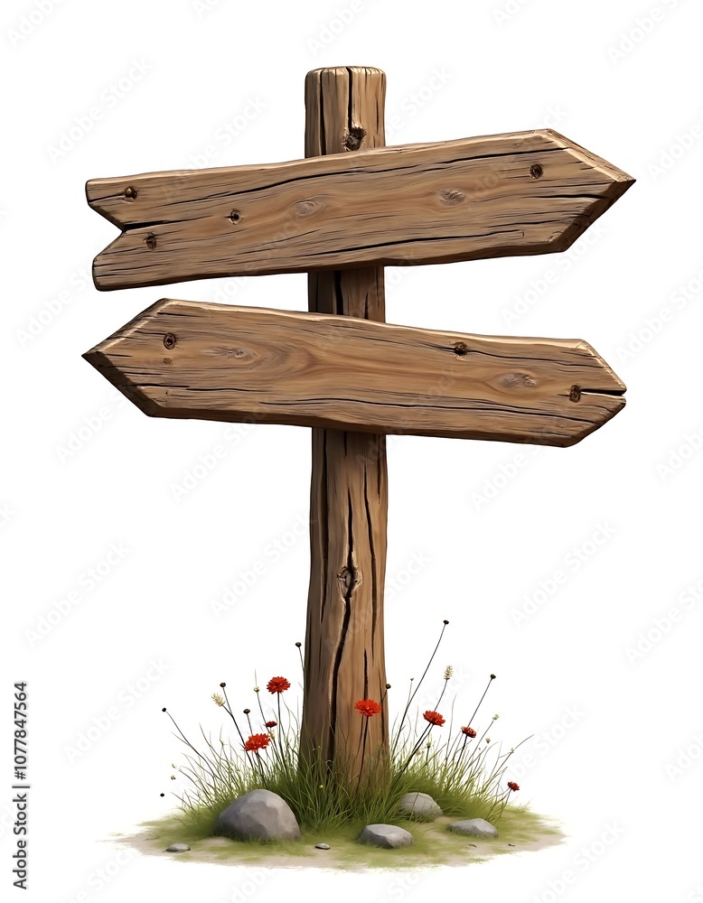 Blank wooden direction signs with grass isolated on white background