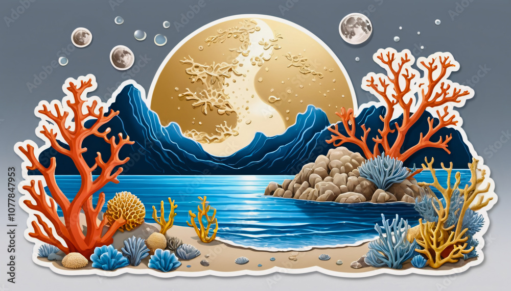 Vibrant coral reefs under a full moon illuminating a tranquil ocean at night near rugged mountains Vibrant coral reefs under a full moon illuminating a tranquil ocean at night near rugged mountains