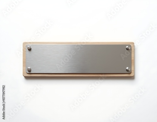 Blank metal name badge with wooden frame isolated on white background