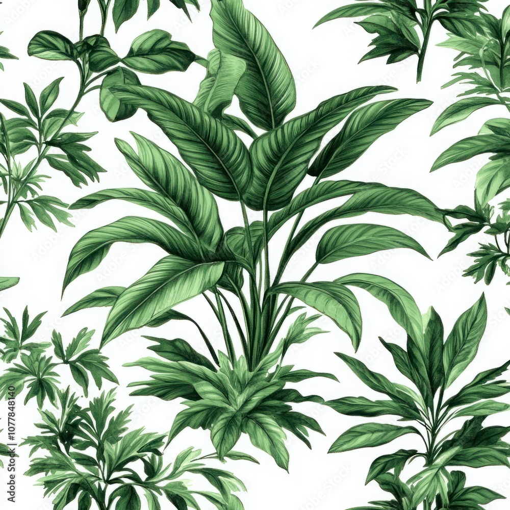 Obraz premium Lush Green Tropical Leaves Pattern Ideal for Botanical Designs, Home Decor, Fabric Printing, and Eco-Friendly Projects Showcasing Nature's Beauty and Vibrancy