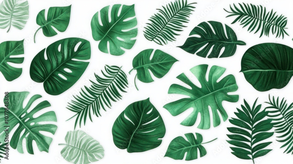 Fototapeta premium Lush Green Tropical Leaves Pattern Featuring Varied Shapes and Textures Creating a Fresh and Vibrant Background for Nature Inspired Designs and Decor