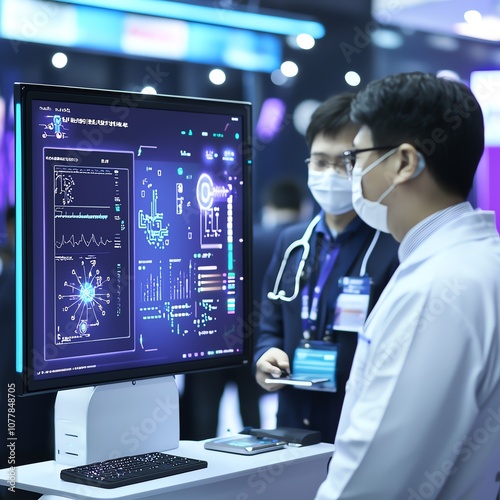 A healthcare professional reviews data on a digital monitor while another person observes, highlighting the integration of technology in medical settings.