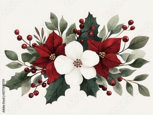 Elegant Winter Floral Arrangement with Red Poinsettias, White Blooms, Green Leaves, and Berries Ideal for Festive Celebrations and Seasonal Decorations