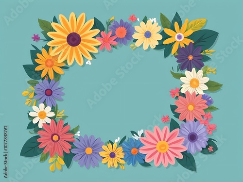 Colorful Floral Wreath with Blank Center on Turquoise Background