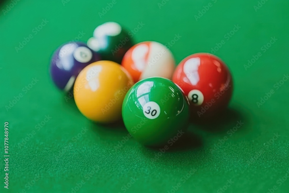 A group of colorful billiard balls, including the cue ball, are positioned on a green felt pool table. A group of colorful billiard balls, including the cue ball, are positioned on a green felt pool table.
