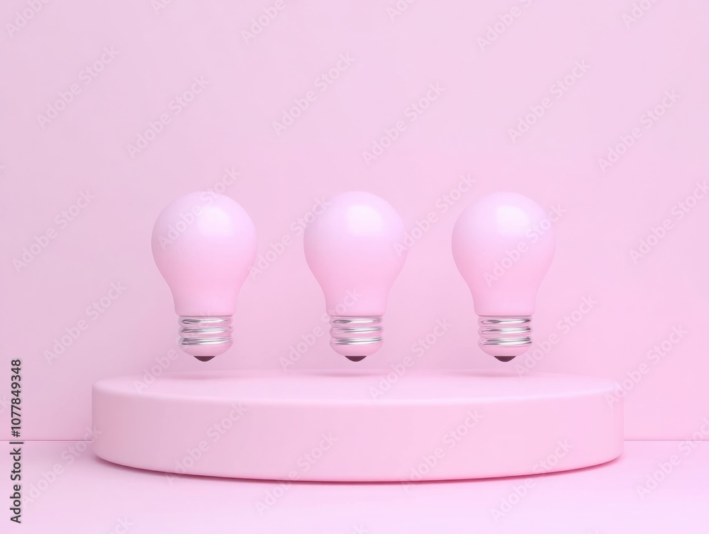 Three Floating Pink Light Bulbs on a Soft Pink Circular Platform Against a Minimalist Background for Creative and Modern Conceptual Imagery Three Floating Pink Light Bulbs on a Soft Pink Circular Platform Against a Minimalist Background for Creative and Modern Conceptual Imagery