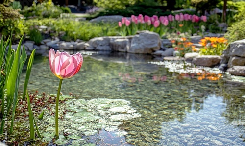 A tulip, floating in a crystal-clear garden pond.generative ai