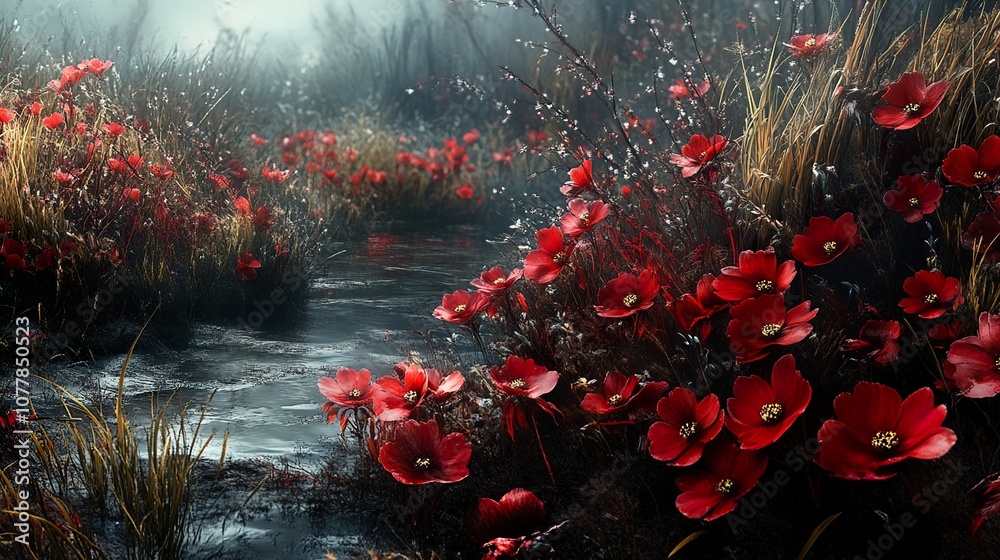Red Flowers Blooming in a Misty Stream - Nature Photography Red Flowers Blooming in a Misty Stream - Nature Photography
