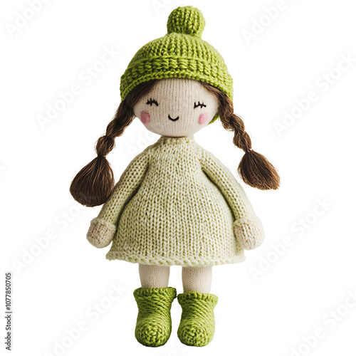 Knitted Doll in Green Hat and Dress with Braided Hair