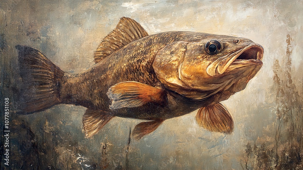 Detailed Painting of a Fish with Open Mouth and Golden Scales
