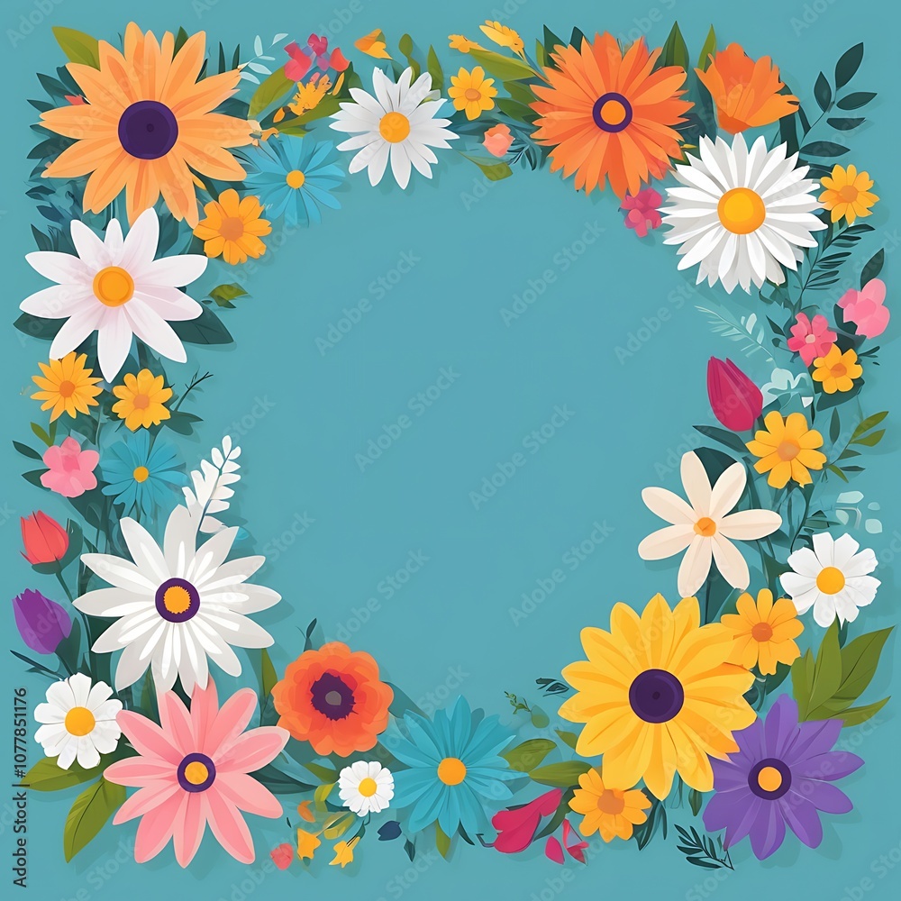 Colorful Flower Frame with Turquoise Background Colorful Flower Frame with Turquoise Background