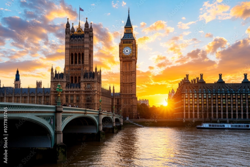 Naklejka premium A watercolor painting of Big Ben and the Thames at sunset, with soft, blended colors creating a romantic feel