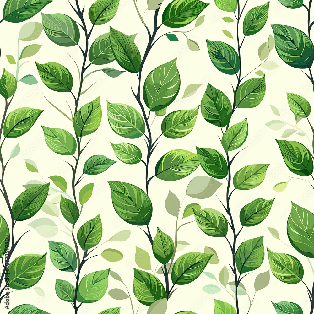 Fototapeta premium 2d flat minimalistic vector seamless pattern of green leaves on beige background