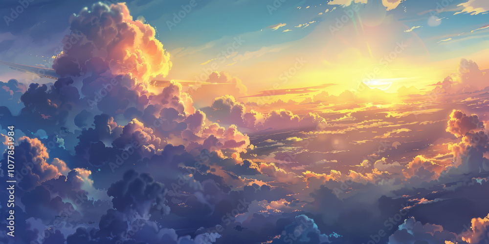 A beautiful sunrise from an airplane, with the light reflecting off the clouds and creating a serene scene. A beautiful sunrise from an airplane, with the light reflecting off the clouds and creating a serene scene.