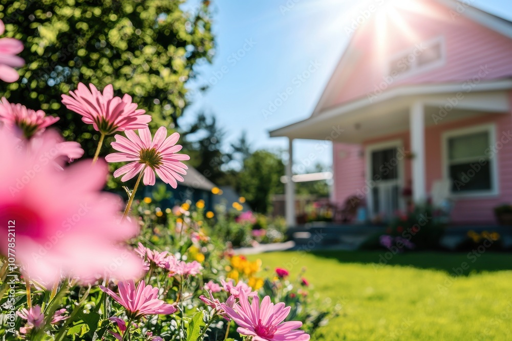 Photo open porch and gardens surround a small single family home on a Spring afternoon Photo open porch and gardens surround a small single family home on a Spring afternoon