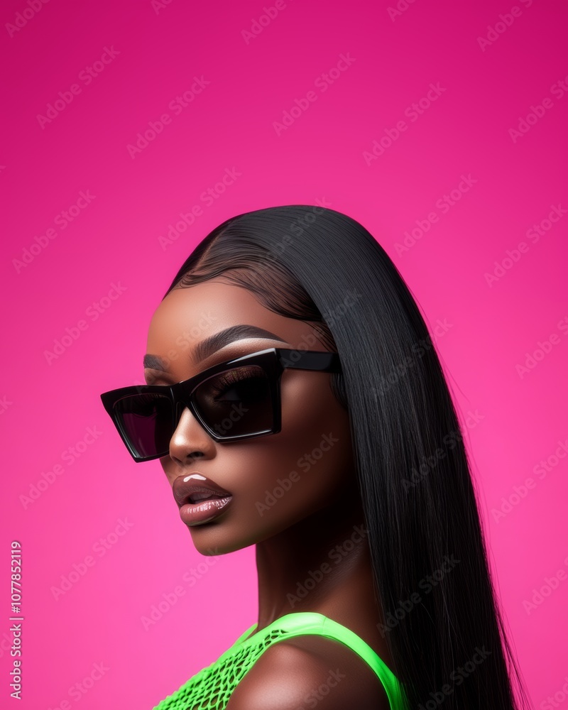 Extremely closed-up shot of a beautiful black woman with black long hair wearing black sunglasses and a brat green Mugler lace-up bodysuit Extremely closed-up shot of a beautiful black woman with black long hair wearing black sunglasses and a brat green Mugler lace-up bodysuit