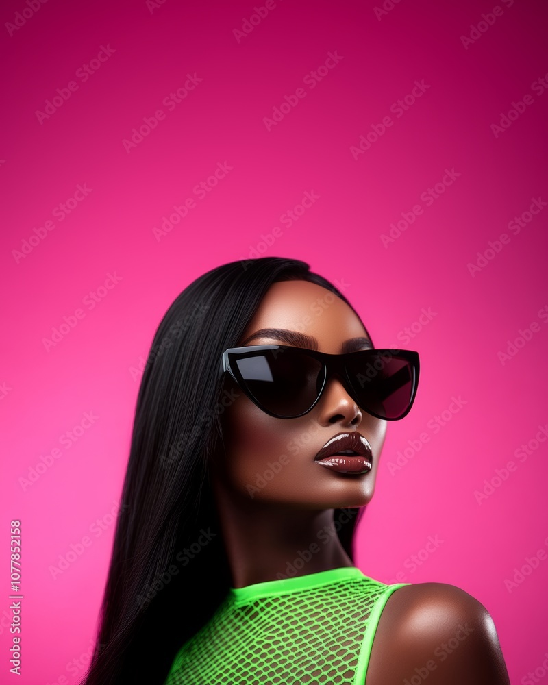 Extremely closed-up shot of a beautiful black woman with black long hair wearing black sunglasses and a brat green Mugler lace-up bodysuit Extremely closed-up shot of a beautiful black woman with black long hair wearing black sunglasses and a brat green Mugler lace-up bodysuit