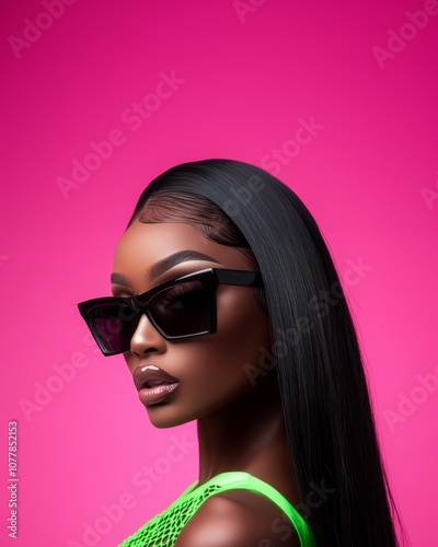 Extremely closed-up shot of a beautiful black woman with black long hair wearing black sunglasses and a brat green Mugler lace-up bodysuit