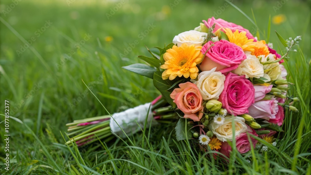 Vibrant Flower Bouquet in Lush Green Grass - Nature's Beauty Captured in Colorful Blooms for Decorative Use