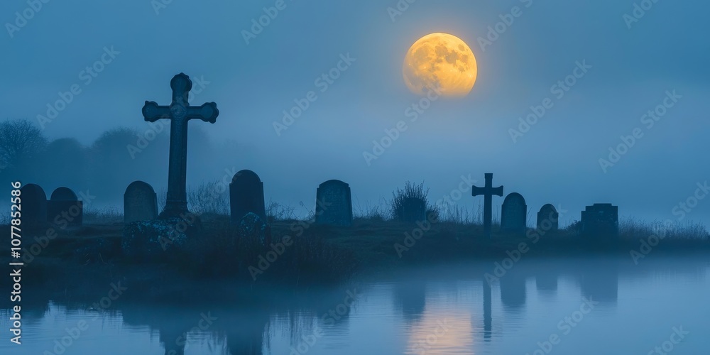 Fototapeta premium Foggy Graveyard with Full Moon
