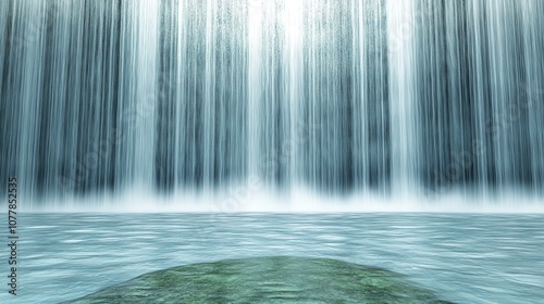 a stunning waterfall flowing seamlessly, with a vibrant green rock at the base, symbolizing the beauty of nature. This high-quality composition utilizes professional lighting and 3D rendering techniqu