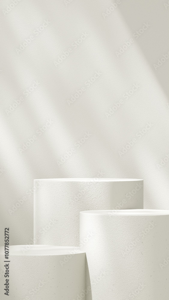 Background featuring an empty product display mockup with a beige backdrop and abstract geometric platforms designed for showcasing merchandise in portrait orientation. Background featuring an empty product display mockup with a beige backdrop and abstract geometric platforms designed for showcasing merchandise in portrait orientation.