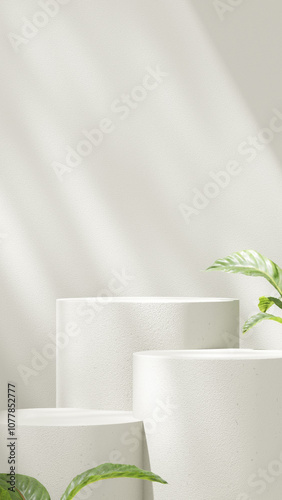 Background featuring an empty product display mockup with a beige backdrop and abstract geometric platforms designed for showcasing merchandise in portrait orientation.