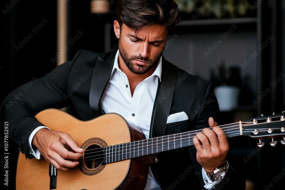 Obraz premium Classical guitarist in a formal attire, playing an acoustic guitar with intense focus