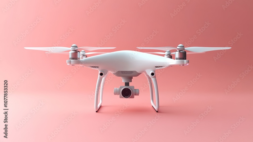 White drone with camera isolated on pink background. White drone with camera isolated on pink background.
