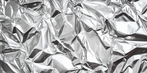 Crumpled shiny aluminium foil texture with abstract wrinkles creating a silver metallic surface for use as a background banner or design element