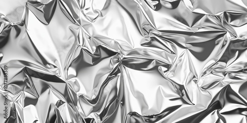 Crumpled shiny aluminium foil texture with abstract wrinkles creating a silver metallic surface for use as a background banner or design element