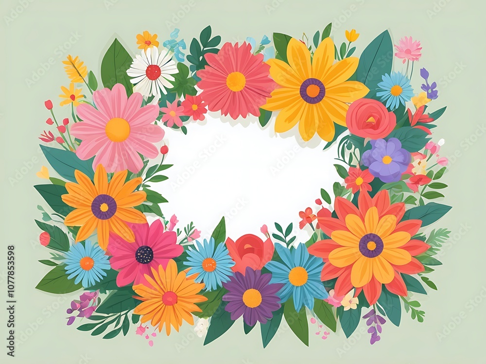 A colorful wreath of various flowers, leaves, and a blank white circle in the center. A colorful wreath of various flowers, leaves, and a blank white circle in the center.
