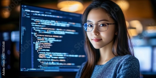 The integration of technology and human expertise in software development is presented by a young Asian woman programmer in front of an LCD screen with code projected 