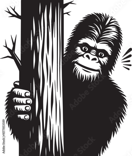 Bigfoot silhouette peeking from behind a tree looking surprised