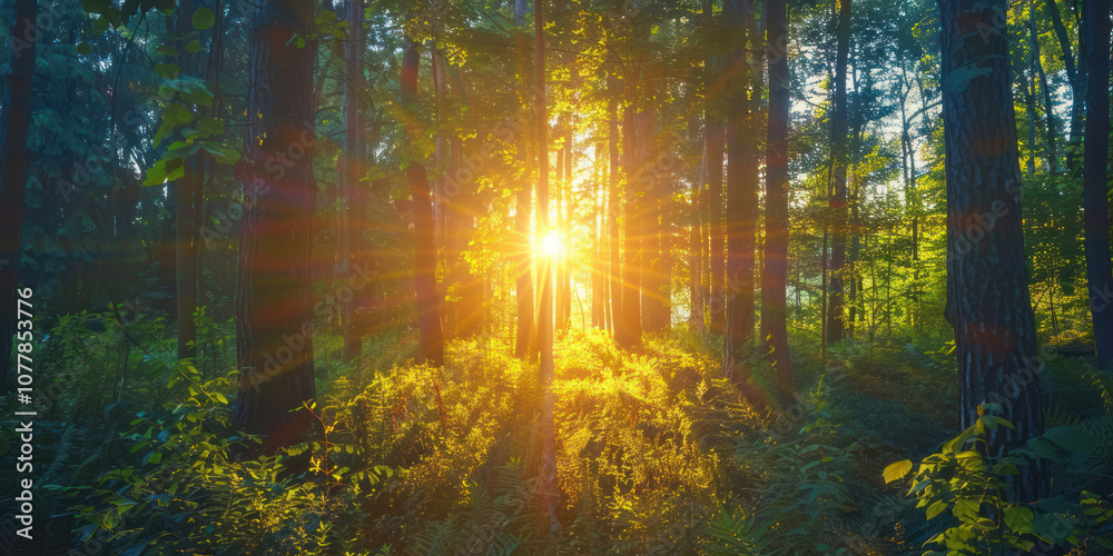 Obraz premium A beautiful sunset over a forest, the light filtering through the trees and creating a tranquil scene of warmth and serenity.