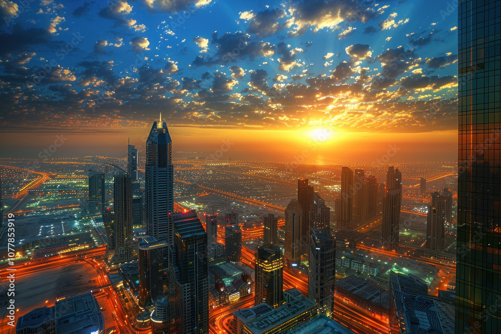 Obraz premium A beautiful sunset over a modern city, with skyscrapers illuminated by the last light of the day.