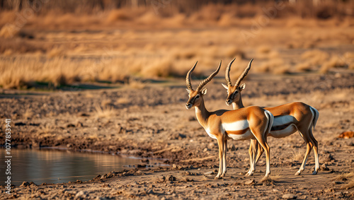 Wild Saiga antelopes near the watering place in the morning photo